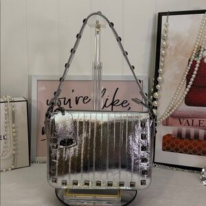 Sharif 1827 Metallic Silver Studded Leather Shoulder Bag